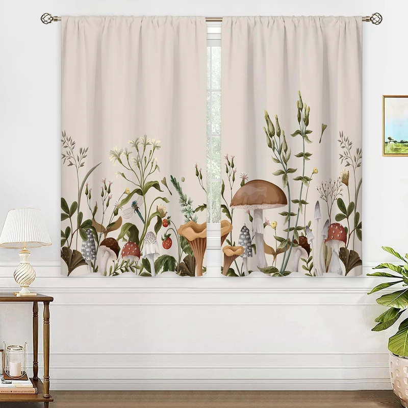 oolygoo Vintage Mushroom Window Curtains Leaves Botanical Rod Pocket Rustic Boho Mushroom Beige Curtain Drapes Herb Curtains for Bedroom Living Room Treatment 2 Panels 42Wx45H Inch