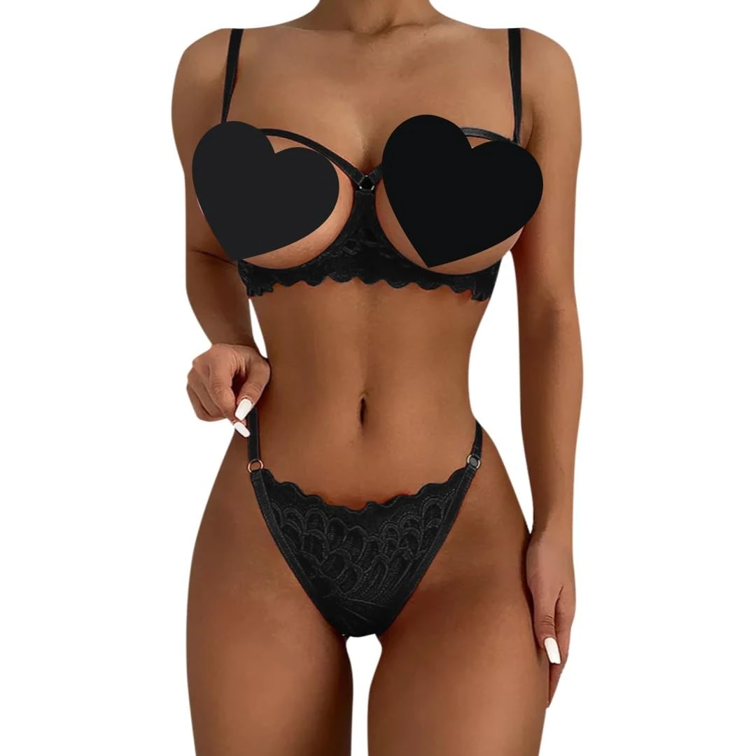 mini kitty Women’s Lingerie Set Sexy Push Up Bra and Panty Set Hollow Out Lace Underwear Nightwear See Through 2 Pieces Babydoll Teddy Sleepwear Black