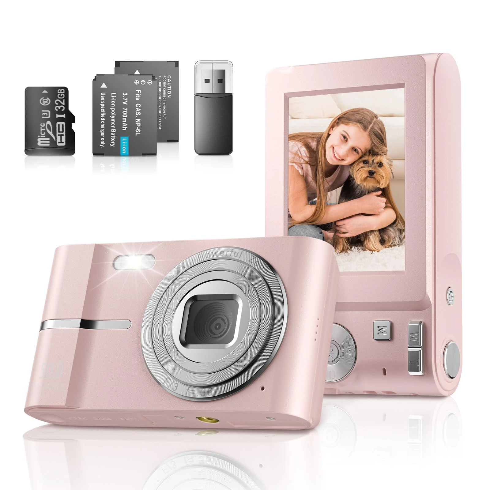 Hlieeosfcn Digital Camera 1080P 50MP,4K Compact Cam-era with 32GB Card,1400mAh Battery, 16X Digital Zoom Small Cam-era with 2.4" LCD Screen,Auto Focus Timed Vlogging Camera (Pink)