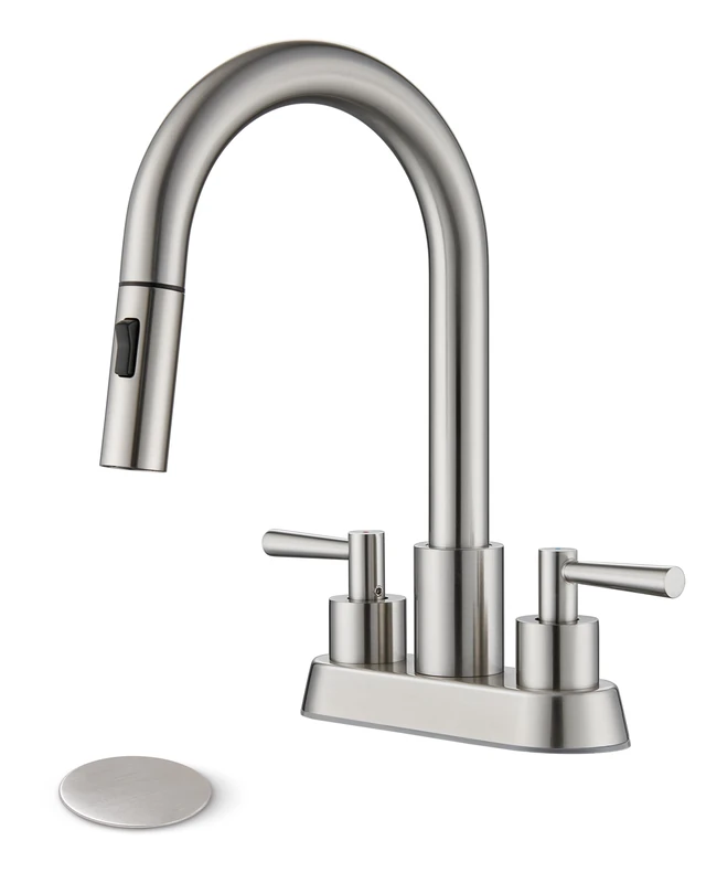 FELIXBATH Bathroom Sink Faucet with Pull Down Sprayer 2 Handles Brushed Nickel Bathroom Faucet 3 Holes 4 Inch Sink Faucet Bathroom with 360 Degree Swivel Spout