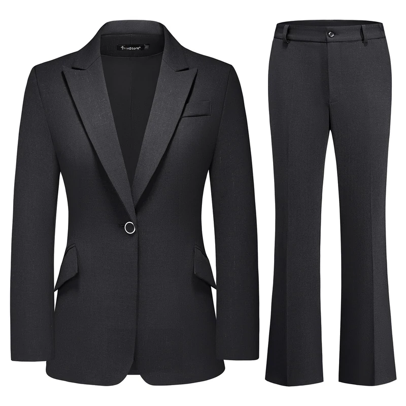 TRONSTORE Women's Suit 2 Piece Set Pinstripe Blazer and Bootcut Dressy Pants Set for Work Office Business Outfits, Black, Large