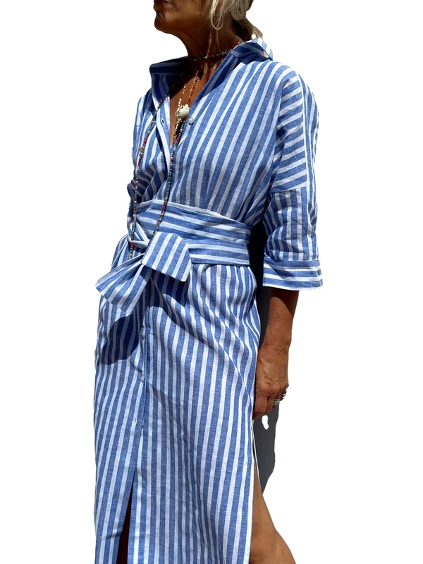 utcoco Womens 2025 Shirt Dress Casual Lapel 3/4 Sleeve Button Down Split Belted Vacation Maxi Dress, Blue Striped, XL