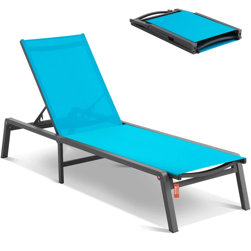 VEVOR Chaise Lounge Chair Outdoor, Aluminum Patio Lounge Chair with Adjustable 5-Position, Folding Pool Recliner and Full Flat Tanning for Patio, Beach, Pool, Blue