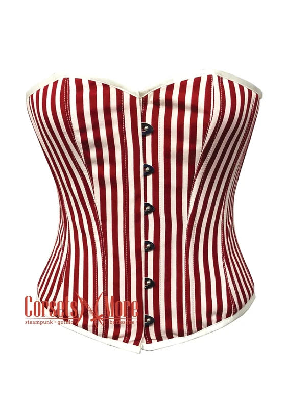 CorsetsNmore Women’s Red and White Striped Corset Satin Gothic Costume Overbust Bustier Top