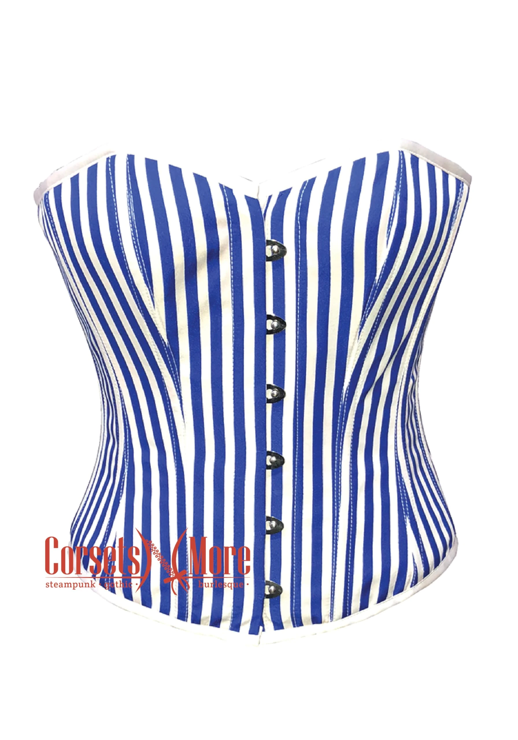 CorsetsNmore Women’s Royal Blue and White Striped Corset Satin Gothic Costume Waist Training Overbust Bustier Top