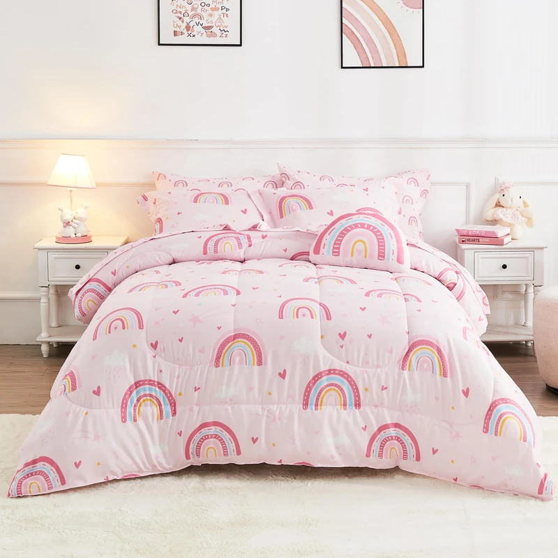 Mooreeke Bed in a Bag for Kids Girls Teens, 8 Pieces Full Size Comforter Bed Set with Shams, Sheet Set and Decorative Toy Pillow, Rainbow Pink Super Soft Microfiber Kids Comforter Bedding Set