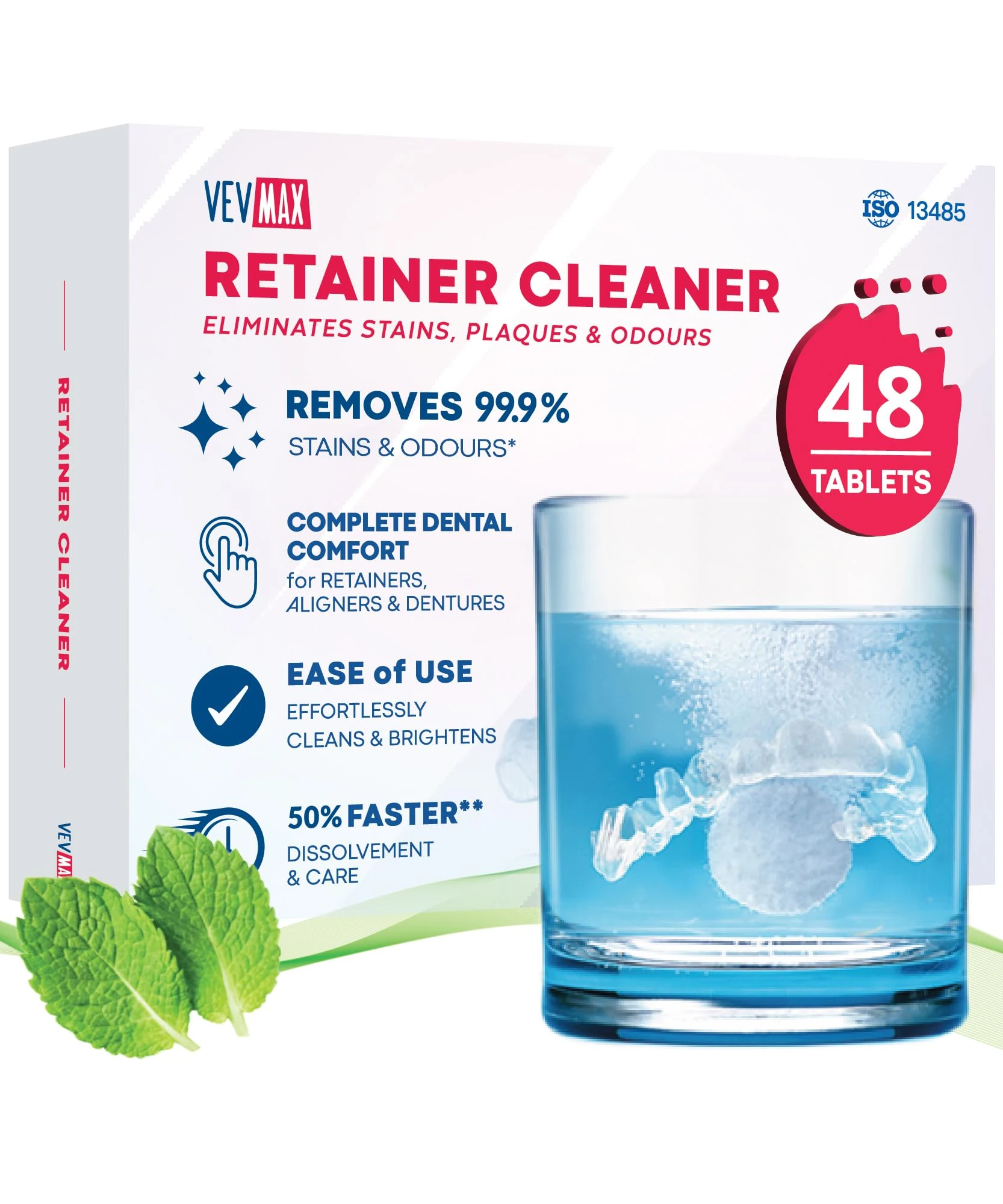 Vevmax Retainer Cleaner Tablets - 48 Tablets (1.5 Months) Denture Cleaning, Removes Stains & Odours, Freshens Aligners, Mouthguards, Nightguards - Perfect for Ultrasonic Retainer Cleaner