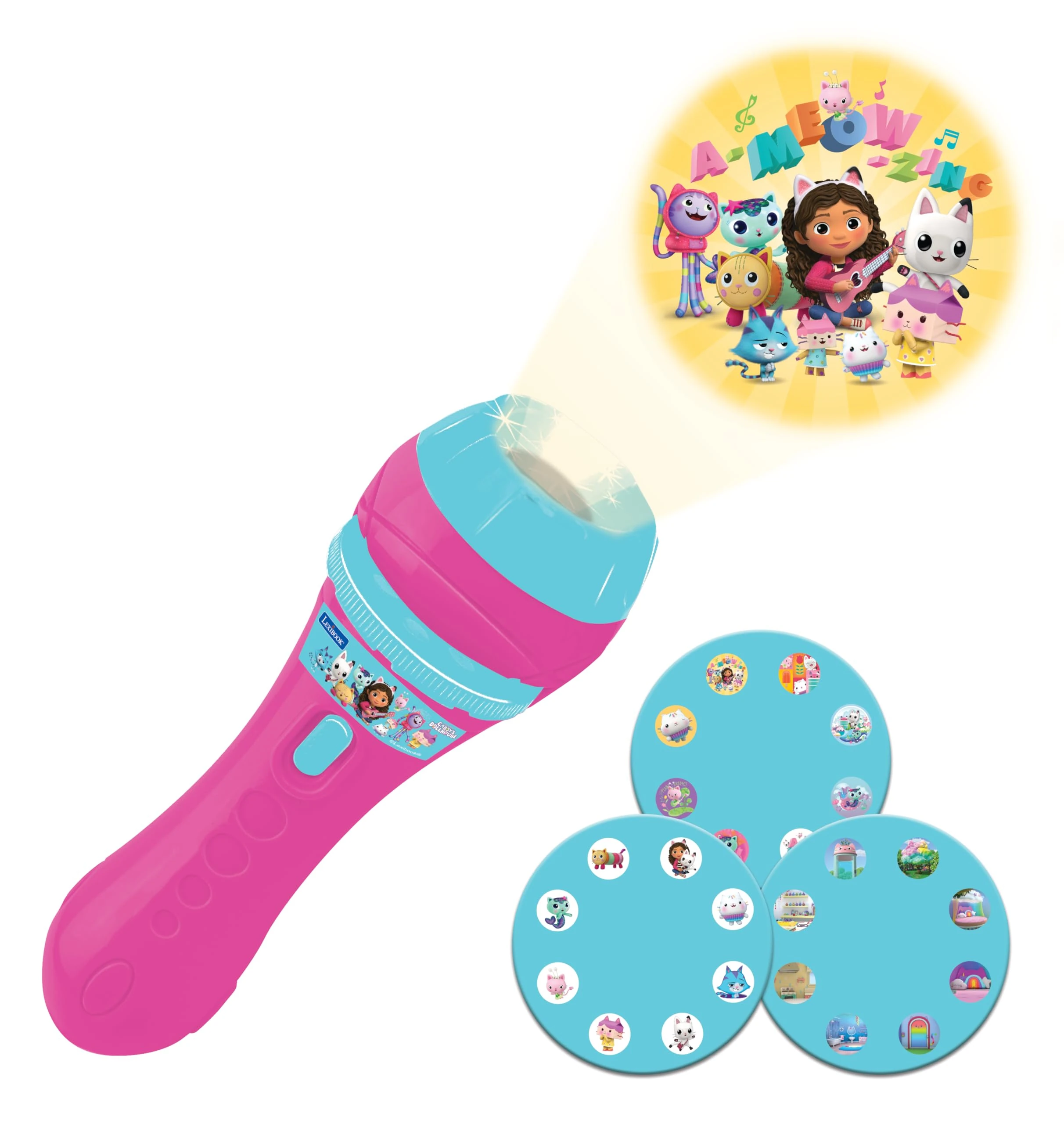 LEXIBOOK, Gabby's Dollhouse, Stories projector and torch light, Projects 24 images of the Gabby's Dollhouse TV series with 3 discs, Pink/blue, LTC050GDH