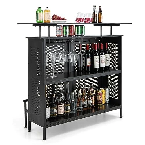 Generisch Kitchen Counter, Bar Table Kitchen with Storage Space and Footrest, Counter Bar with Metal Frame, Adjustable Feet, 120 x 50 x 106.5 cm, Black