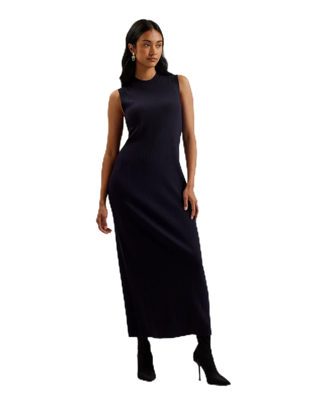 Ted Baker Womens WMD-sandiii-Ribbed Crew Neck Knitted Column Maxi Casual Dress, Navy, 12 UK