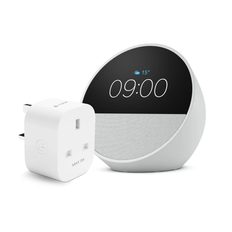 Echo Spot | Glacier White + Meross Smart Plug, Works with Alexa - Smart Home Starter Kit, with Alexa+ Early Access
