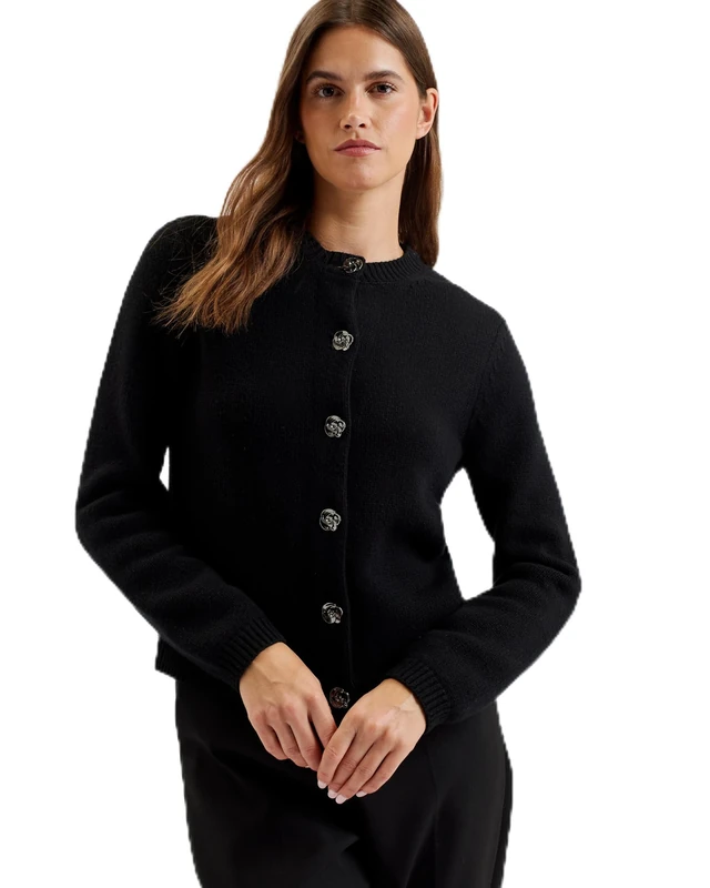 Ted Baker Women's WMK-JAYCEY-Rose Button Crew Neck Cardigan Sweater, Black, M