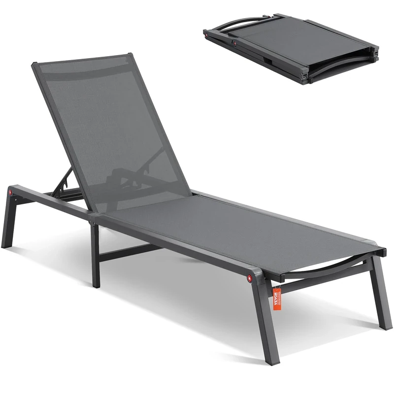VEVOR Chaise Lounge Chair Outdoor, Aluminum Patio Lounge Chair with Adjustable 5-Position, Folding Pool Recliner and Full Flat Tanning for Patio, Beach, Pool, Dark Grey