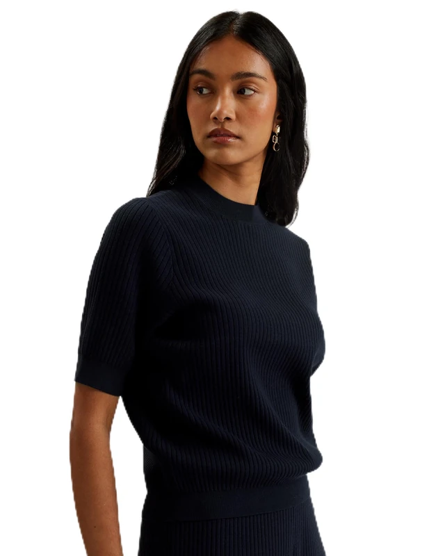 WMK-ELLIHAA-Ribbed Knitted Half Sleeve Top Navy