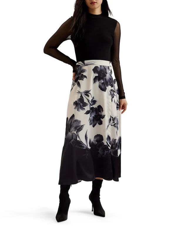 Ted Baker Womens WMD-selnaa-mesh Top Printed Skirt Midi Special Occasion Dress, Black, 6 UK - Image 1