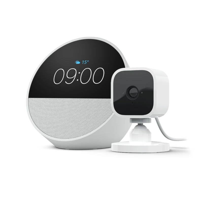 Echo Spot | Glacier White + Blink Mini Indoor smart security camera with night vision (White) | Smart Home Starter Kit, with Alexa+ Early Access