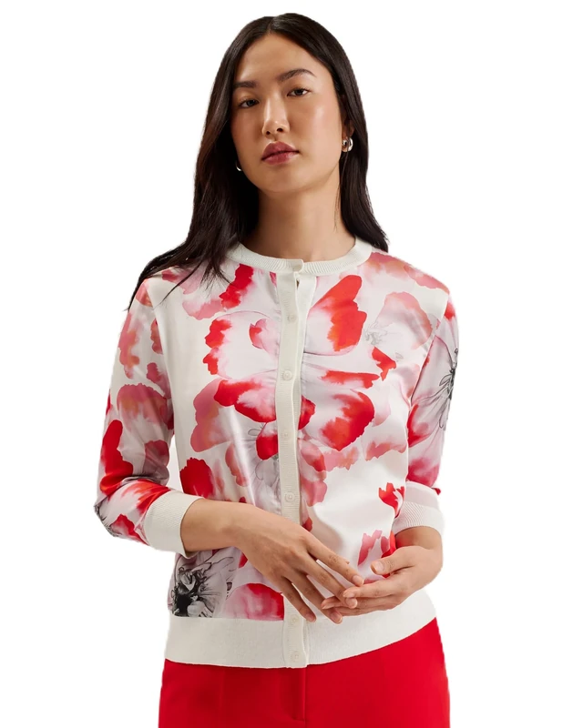 Ted Baker Women's WMK-DARCIYY-Woven Front Printed Cardigan Sweater, Ivory, 6