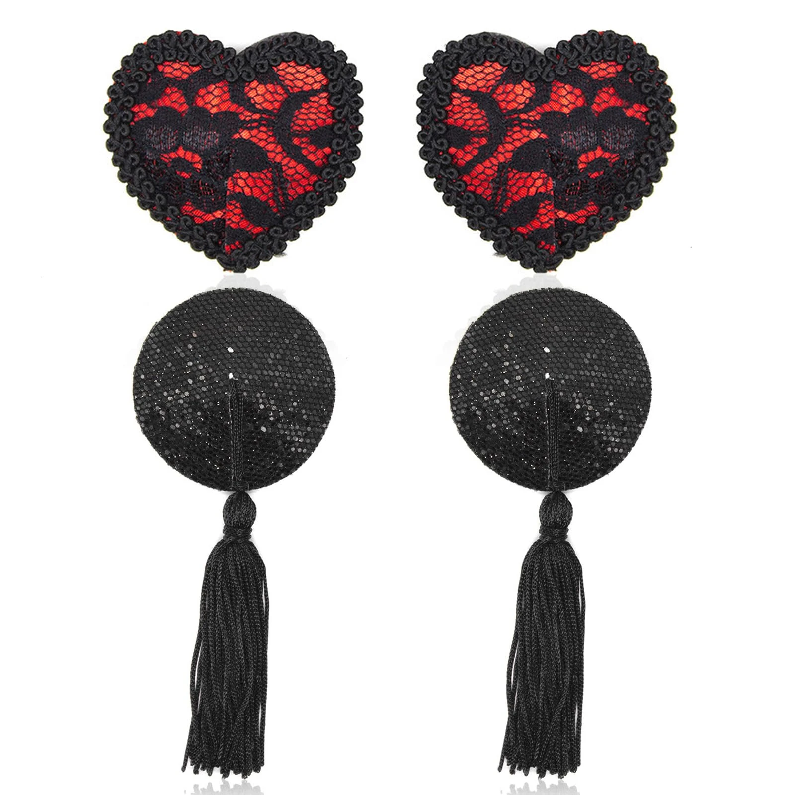 Cosysparks Nipple Covers Reusable 2 Pairs, Sexy Nipple Tassels and Heart Nipple covers Adhesive Breast Petals Nipple Stickers in Black and Red