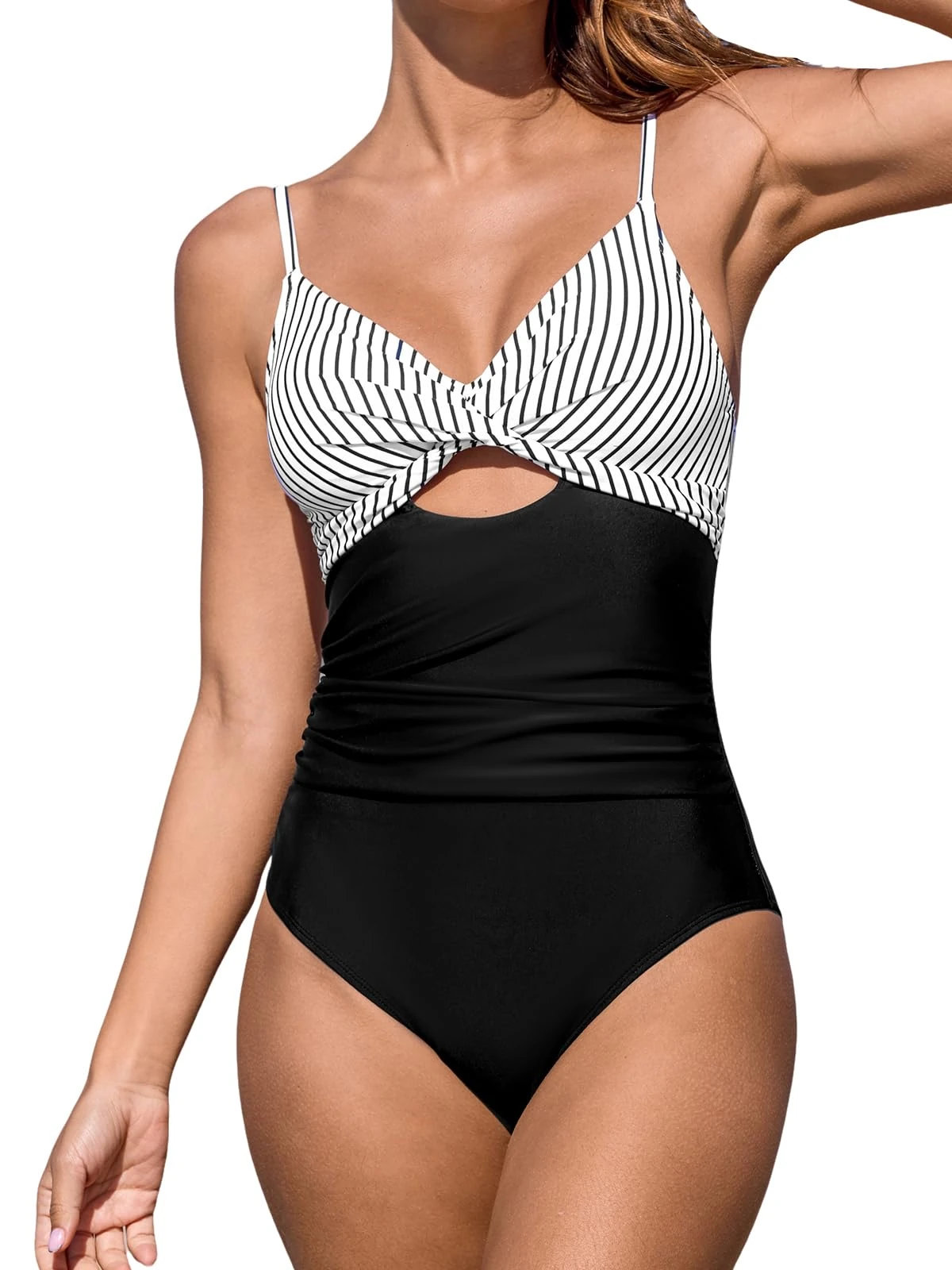CUPSHE Women's Swimming Costume Tummy Control Swimwear Twist Front Cutout Adjustable Straps Ruched One Piece Swimsuit Black/White/Stripe L