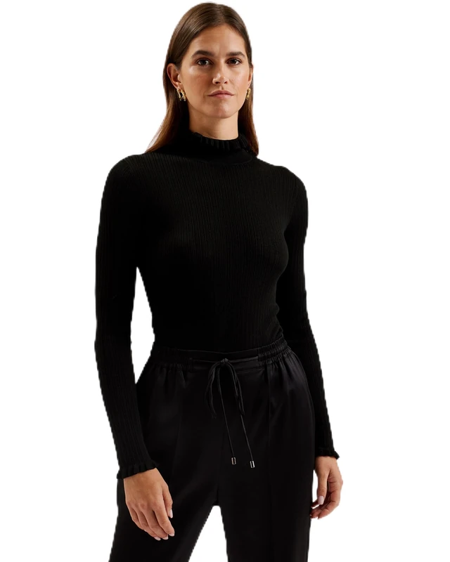Ted Baker Womens Wmk-janittt-Rib Funnel Neck Frill Jumper Sweater, Black, 10 UK