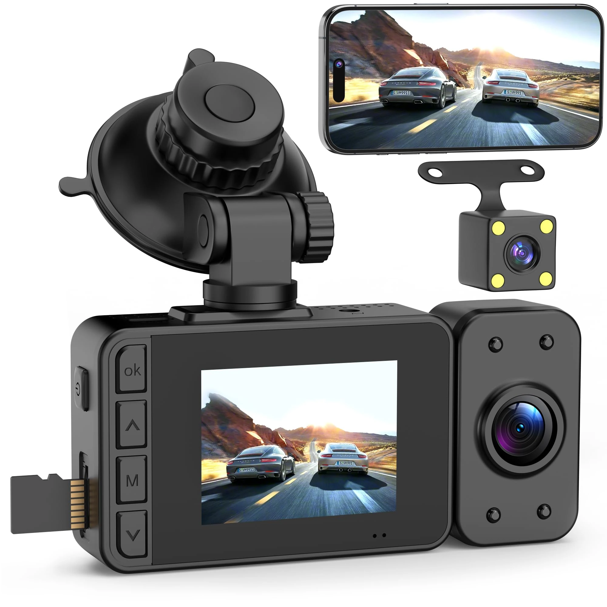 Dash Cam Front Rear Dashcam - WiFi Car Camera Cams for Cars On-Dash Mounted Security Cameras Dual Lens Dashcams Dash Can am Dadh Cam Dashcan Dadhcam Loop Recording G-Sensor 1080P