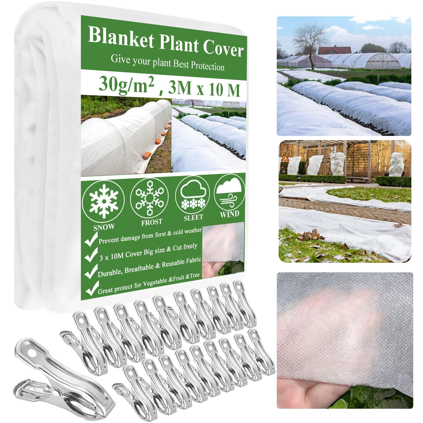 WYRJXYB Garden Fleece Plant Covers Frost Protection 3x10M with 20 Clips, 30gsm Horticultural Fleece Frost Cloth Plant Cover Blankets for Outdoor Plants, Winter Fleece for Frost Freeze Snow Protection