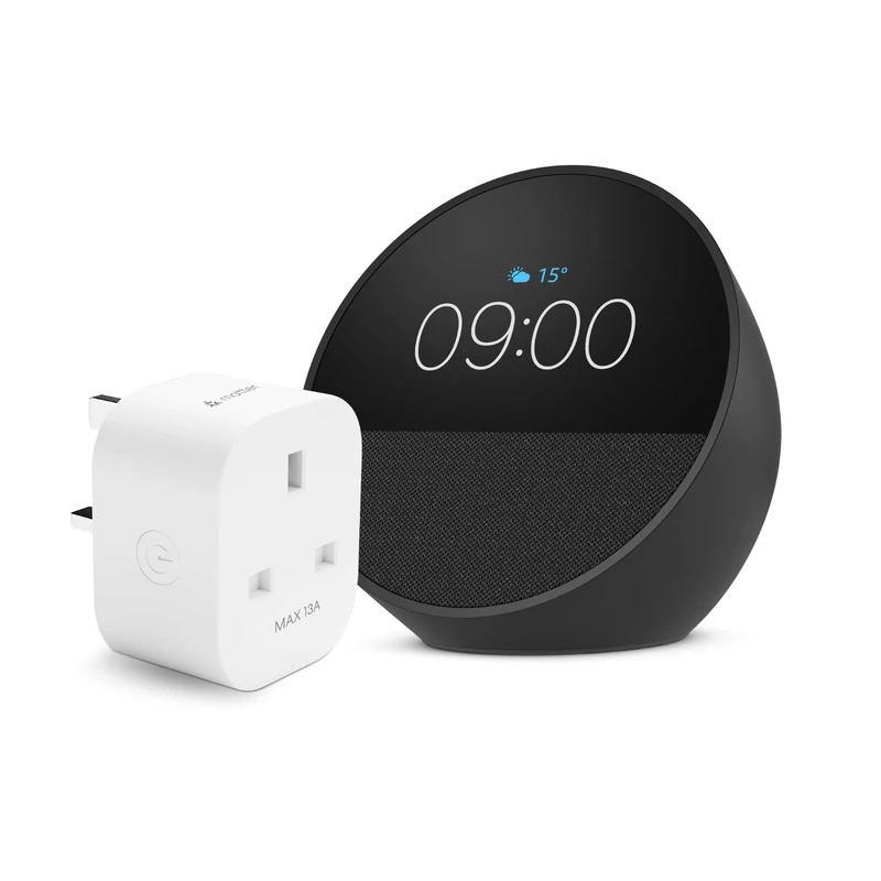 Echo Spot | Black + Meross Smart Plug, Works with Alexa - Smart Home Starter Kit, with Alexa+ Early Access