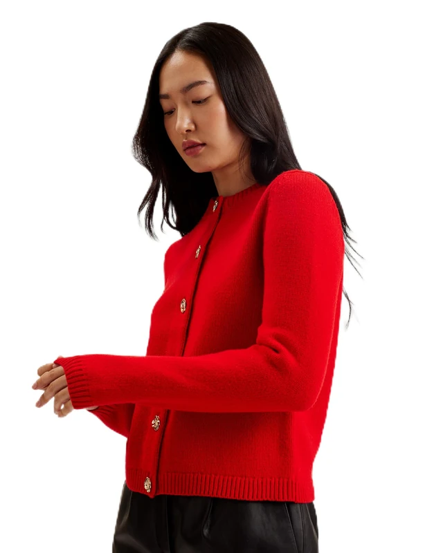 Ted Baker Womens Wmk-jaycey-Rose Button Crew Neck Cardigan Sweater, Red, 6 UK