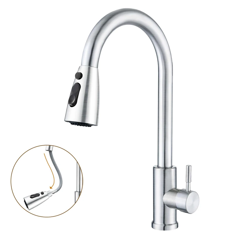 SURFOU Kitchen Tap Mixer with Pull-Out Spray – 3 Water Modes, 360° Swivel Spout – Brushed Stainless Steel Monobloc Sink Tap, Anti-Rust, Single Lever, 1-Hole Fitting, Easy Installation