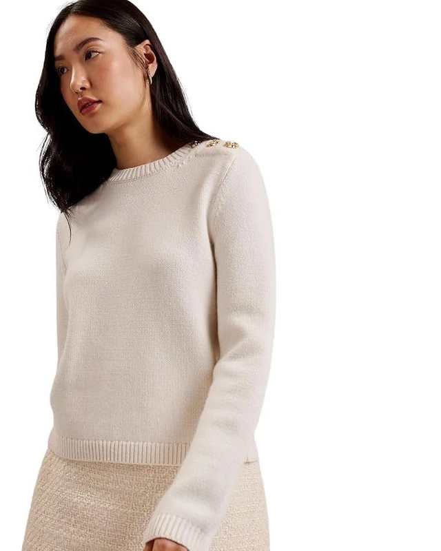 Ted Baker Womens Wmk-janha-Rose Button Crew Neck Long Sleeve Sweater, Ivory, 10 UK
