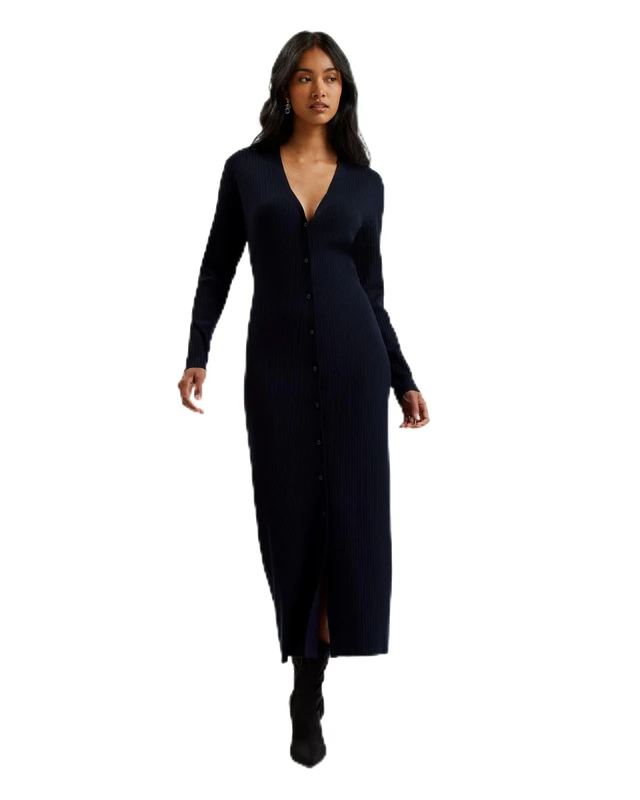 Ted Baker Womens Wmk-elmhaa-Ribbed Knitted V Neck Maxi Cardigan Sweater, Navy, 6 UK
