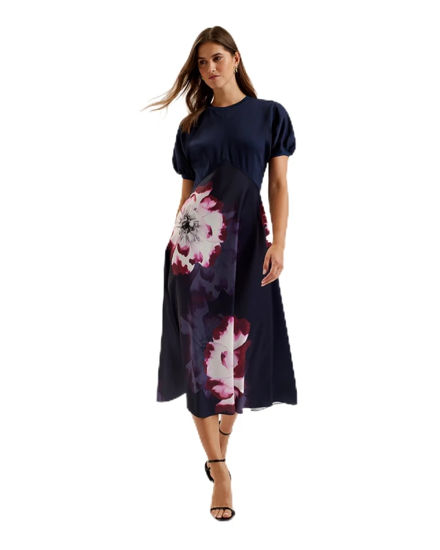 Ted Baker Women's WMD-MITZIC-Ponte Bodice Printed Satin Skirt Midi Dress Casual, Navy, 4