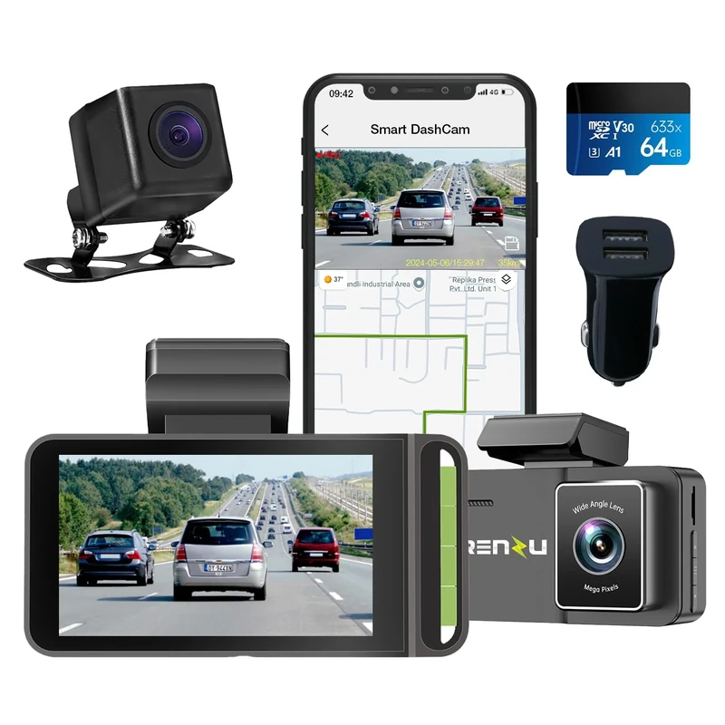Trenzu 4K+2.5K Dash Cam Front and Rear With 64GB MicroSD | 3" Display, 170° View, Parking Mode, Night Vision, GPS, App Playback & Share for Cars