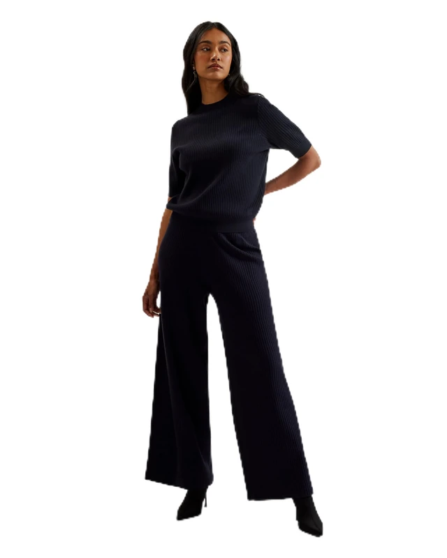 Ted Baker Womens Wmt-ellenr-Ribbed Knitted High Waist Wide Leg Trouser Dress Pants, Navy, 8 UK
