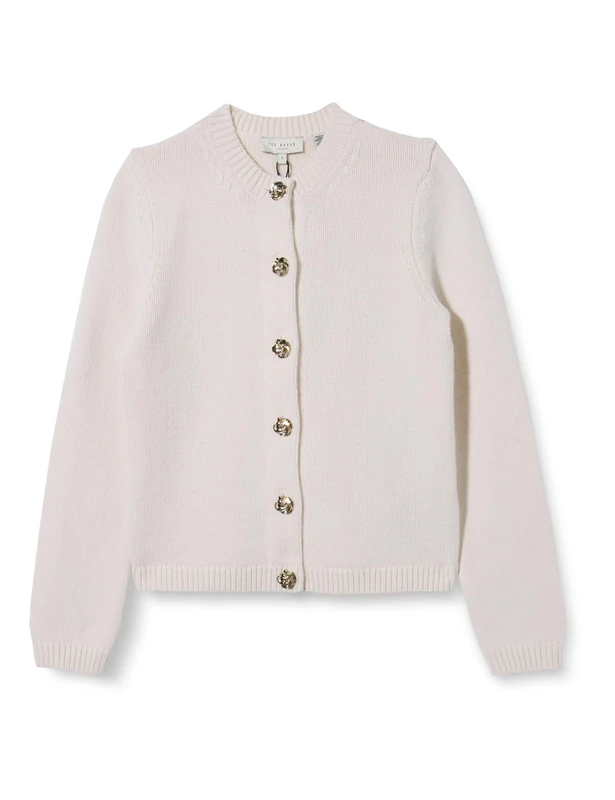 Ted Baker Womens Wmk-jaycey-Rose Button Crew Neck Cardigan Sweater, Ivory, 6 UK