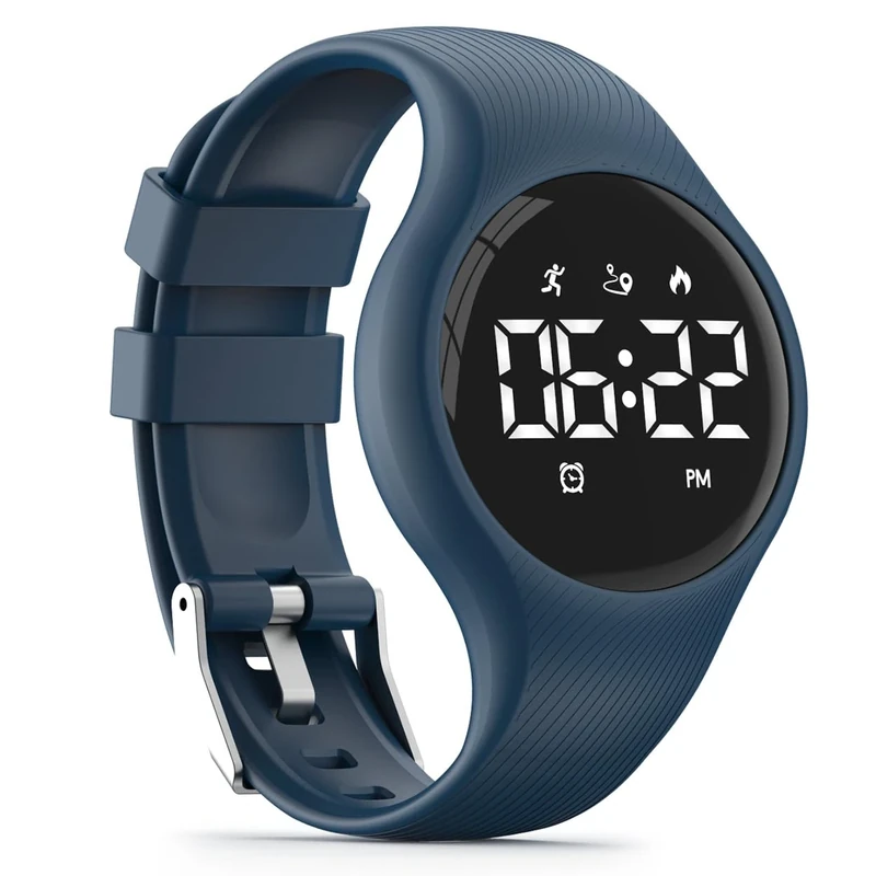 Focwony LED Digital Waterproof Pedometer Watch, Non-bluetooth Fitness Tracker, Step Counter, Distance, Vibrating alarm clock, Stopwatch, Great Gift for for Kids Childrens Teens Girls Boys (Deep blue)