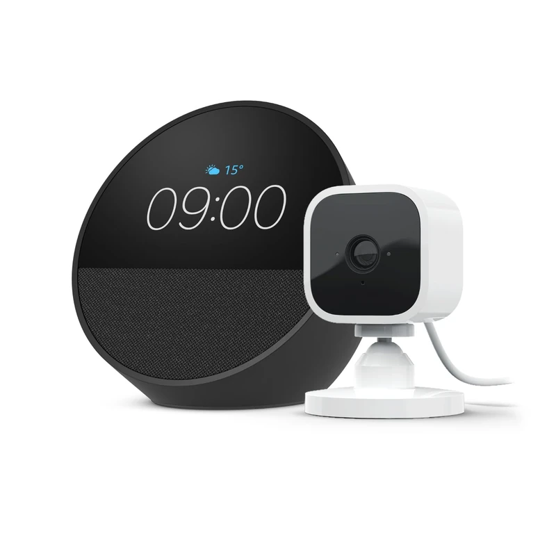 Echo Spot | Black + Blink Mini Indoor smart security camera with night vision (White) | Smart Home Starter Kit, with Alexa+ Early Access