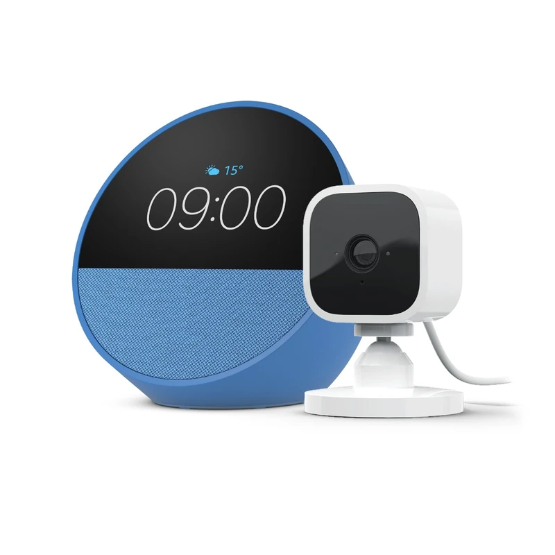 Echo Spot | Ocean Blue + Blink Mini Indoor smart security camera with night vision (White) | Smart Home Starter Kit, with Alexa+ Early Access