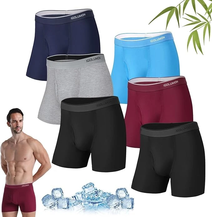 IGOLUMON Bamboo Boxer Shorts Multipack 6 Soft Breathable Underwear Briefs with Elastic Waist Boxers for Men Comfortable Stretch Trunks with Open Fly Pouch Longer Leg Boxer Shorts Moisture Wicking