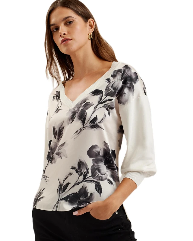 Ted Baker Womens Wmk-joiee-v Neck Printed Woven Front Jumper Sweater, Ivory, 8 UK