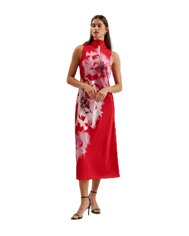 Ted Baker Womens WMD-aliara-Printed Cowl Neck Midi Slip Special Occasion Dress, Red, 8 UK