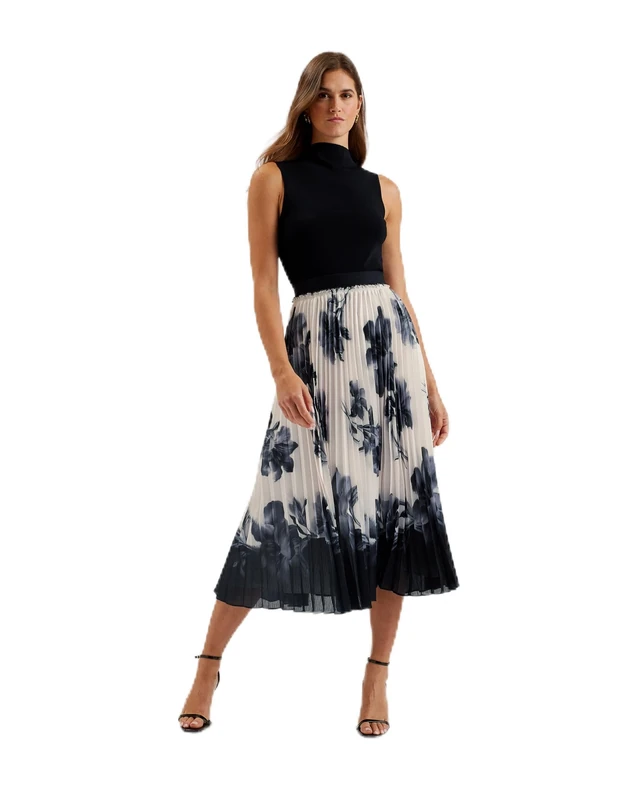 Ted Baker Womens WMS-emista-Printed Pleated Midi Skirt, Ivory, 10 UK