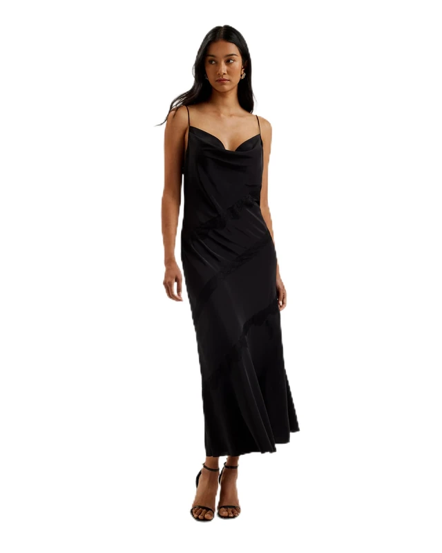 Ted Baker Women's WMD-AMBATO-Lace Insert Cowl Neck Midi Dress Formal Night, Black, 14