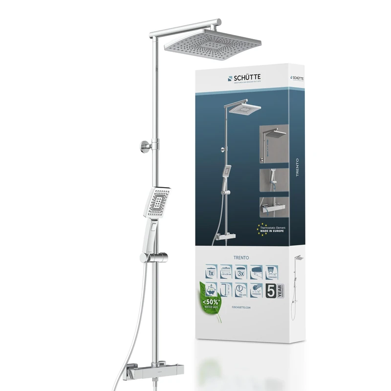 SCHÜTTE Trento 60140 Shower System with Thermostat, Large Rain Shower (32 x 20 cm) and Adjustable Hand Shower with Shower Rod, Shower Column, Shower Panel, Chrome