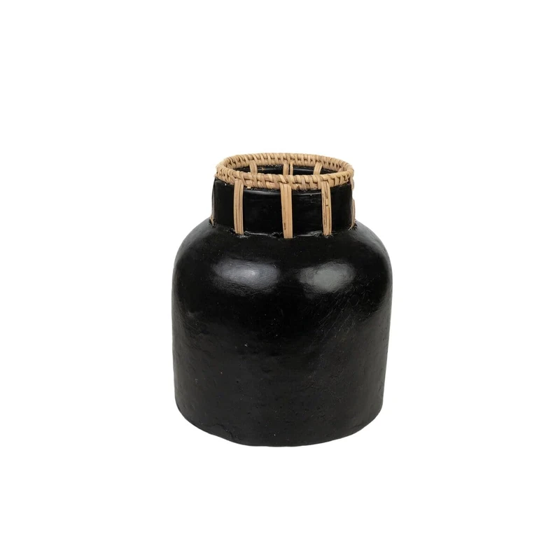 Romimex Vase Black Natural Ceramic Rattan 8 x 20 x 18 cm