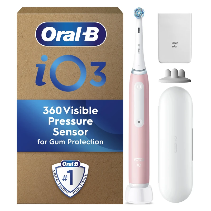 Oral-B iO3 Ultimate Clean Electric Toothbrush, Blush Pink, Long-Lasting Battery with Travel Case for Home and Travel, With Refill Holder and Charger Pouch