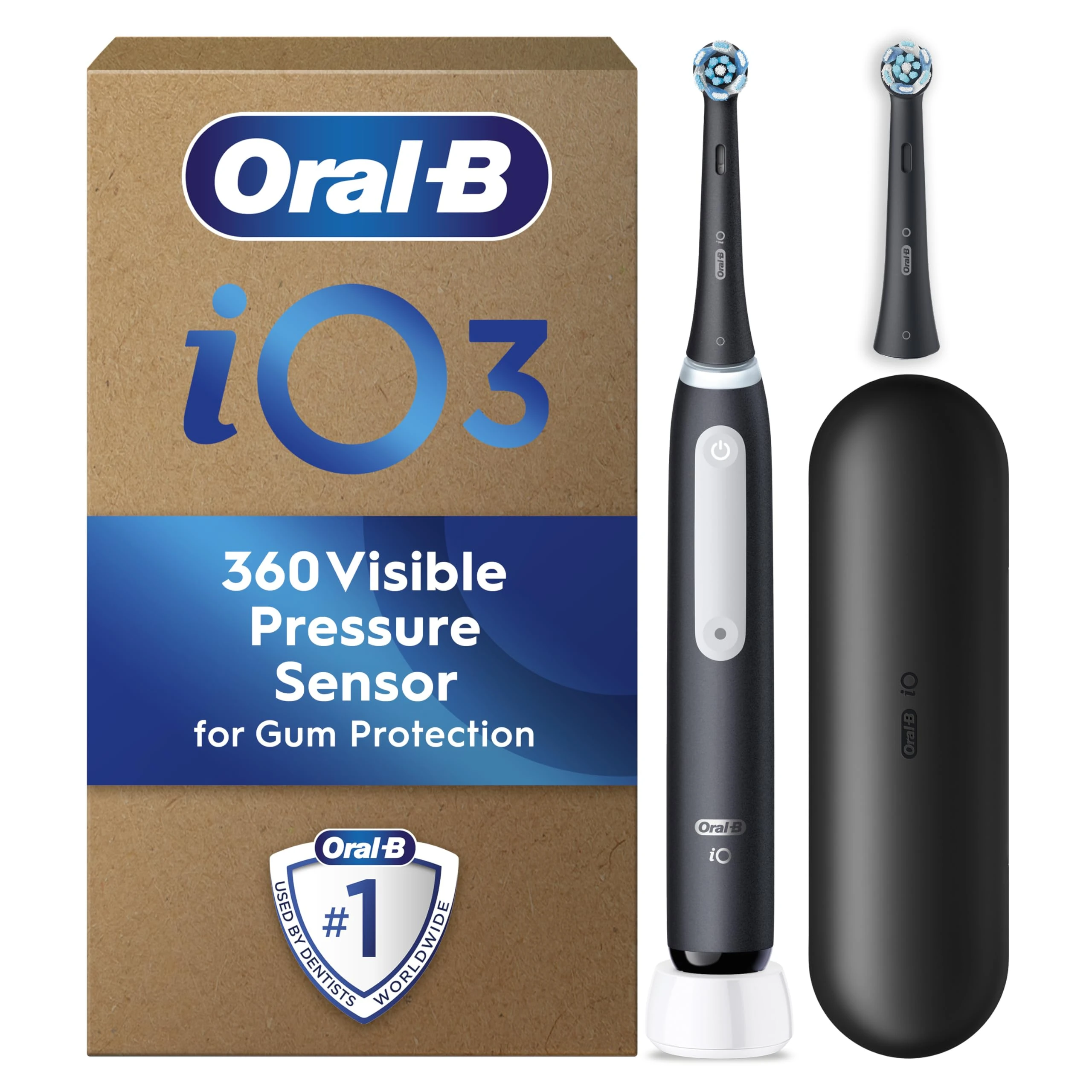 Oral-B iO3 Electric Toothbrush, 2 Toothbrush Heads, Pressure Sensor, Toothbrush for Adults with Travel Case, Gift Ideas for Him/Her, Matt Black, UK 2 pin plug