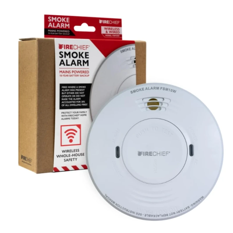 Smoke Alarm with Wireless Interlink - Mains Powered Fire Alarm With 10 Year Battery Backup - Kitemark Certified to BS EN 14604 - Wirelessly Interlink with Firechief Alarms for Home - FSM10W Model