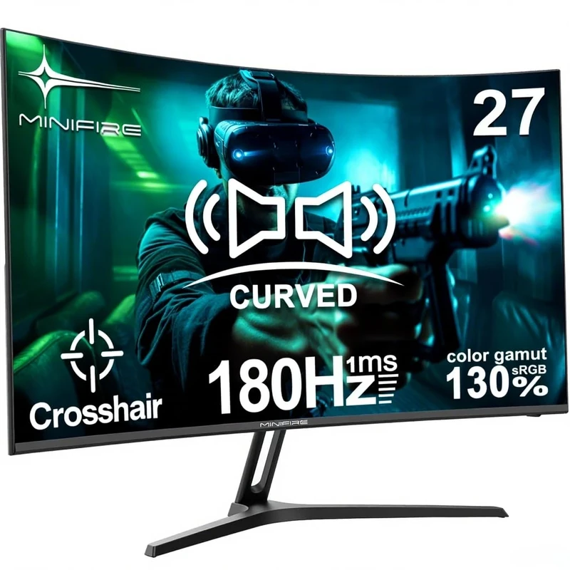 Minifire 27 Inch Gaming Monitor, 200Hz, Full HD 1920x1080 Curved VA Panel, Built in Speaker, Ai Crosshair, 1Ms MPRT, Adaptive Sync, sRGB130%, DCI-P3 95%, VESA 100x100, HDMI1.2＆DP1.4, MFG27C1