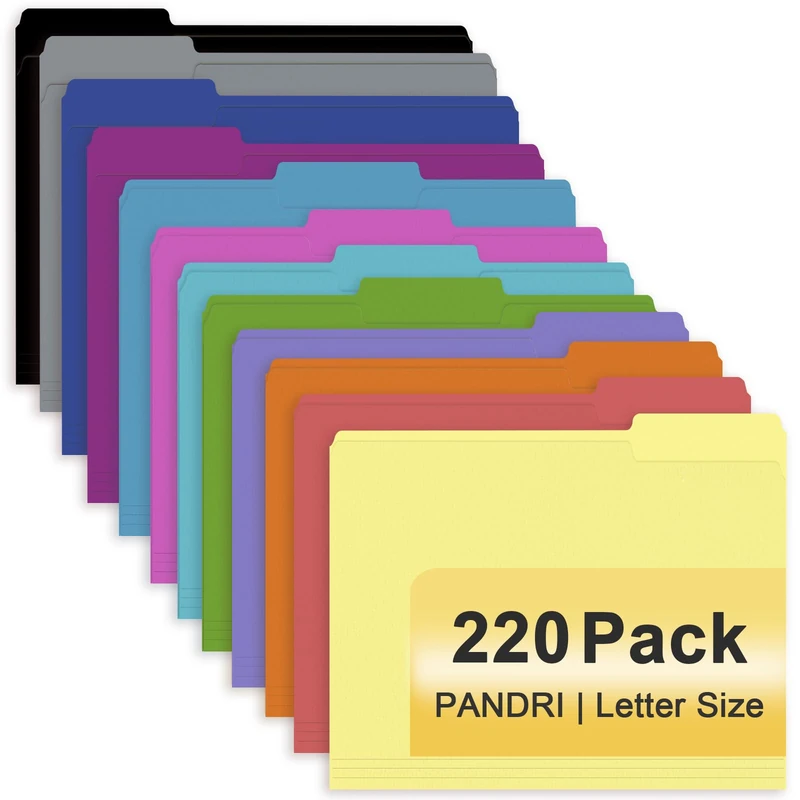 File Folder, PANDRI 220 Pack Colored File Folder, 1/3 Cut Tab, Letter Size, Assorted 12 Colors Filing Folder for Office School Business - Image 1
